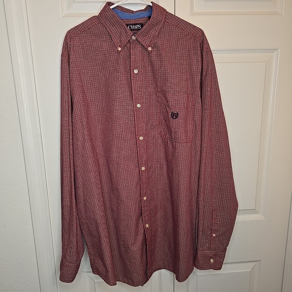 Chaps Shirt Mens Extra Large Tall Red Plaid Button Cotton Blend XLT Ralph Lauren